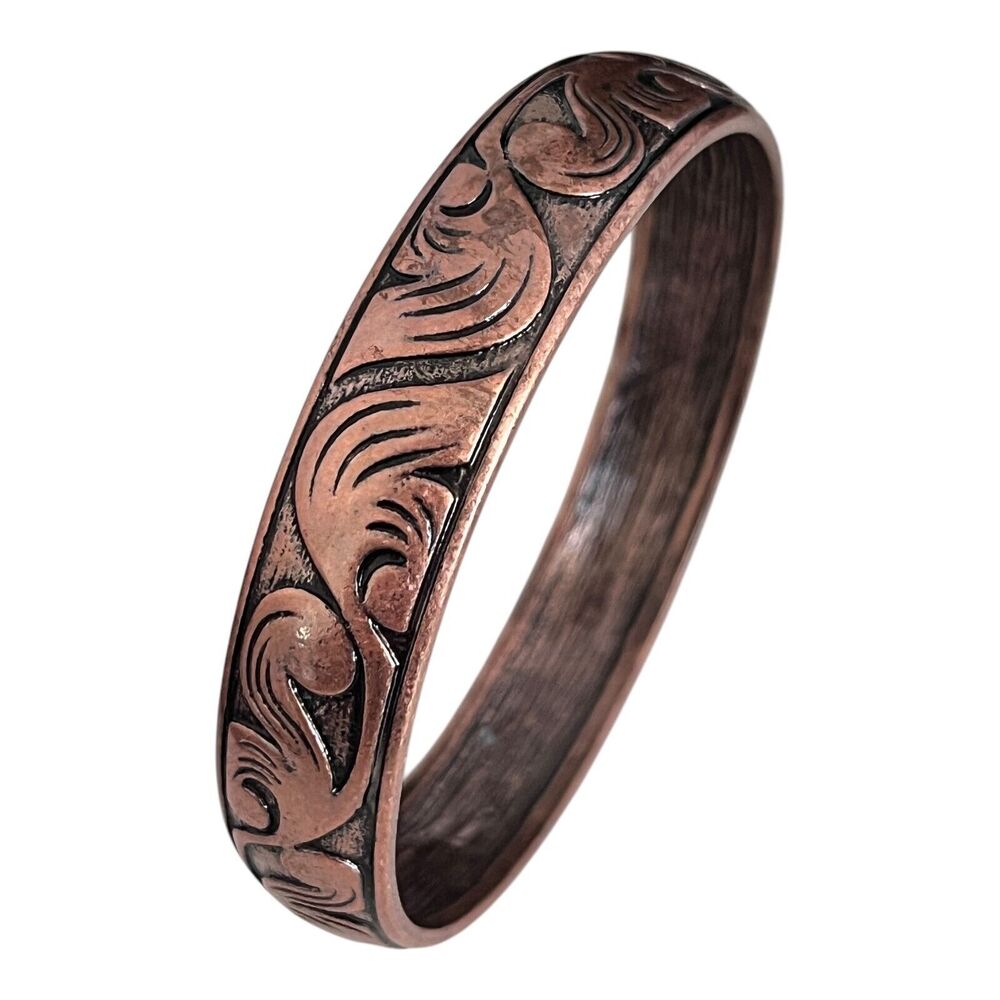 New Antique Copper Tone Bangle Bracelet Etched Floral & Scroll Design - 12G
